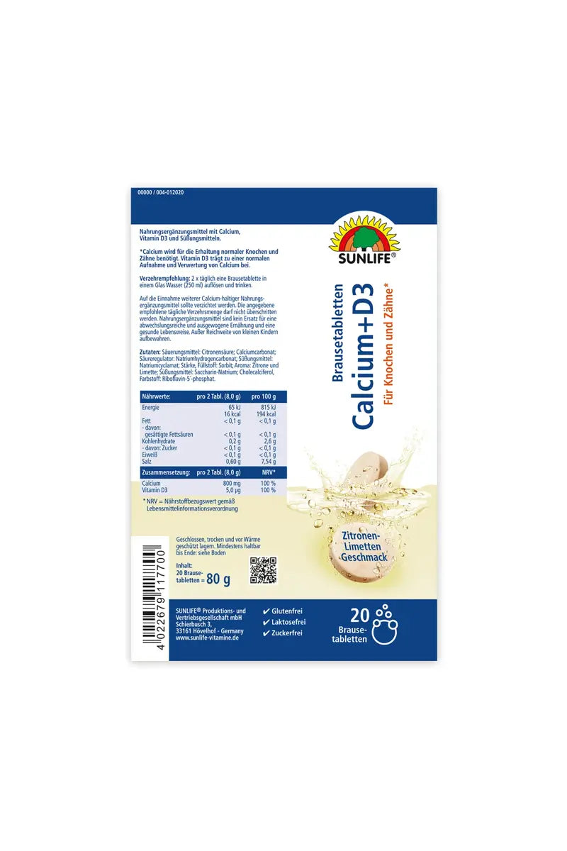 SUNLIFE - Effervescent Tablets - CALCIUM + D3 - Lemon Lime Flavor