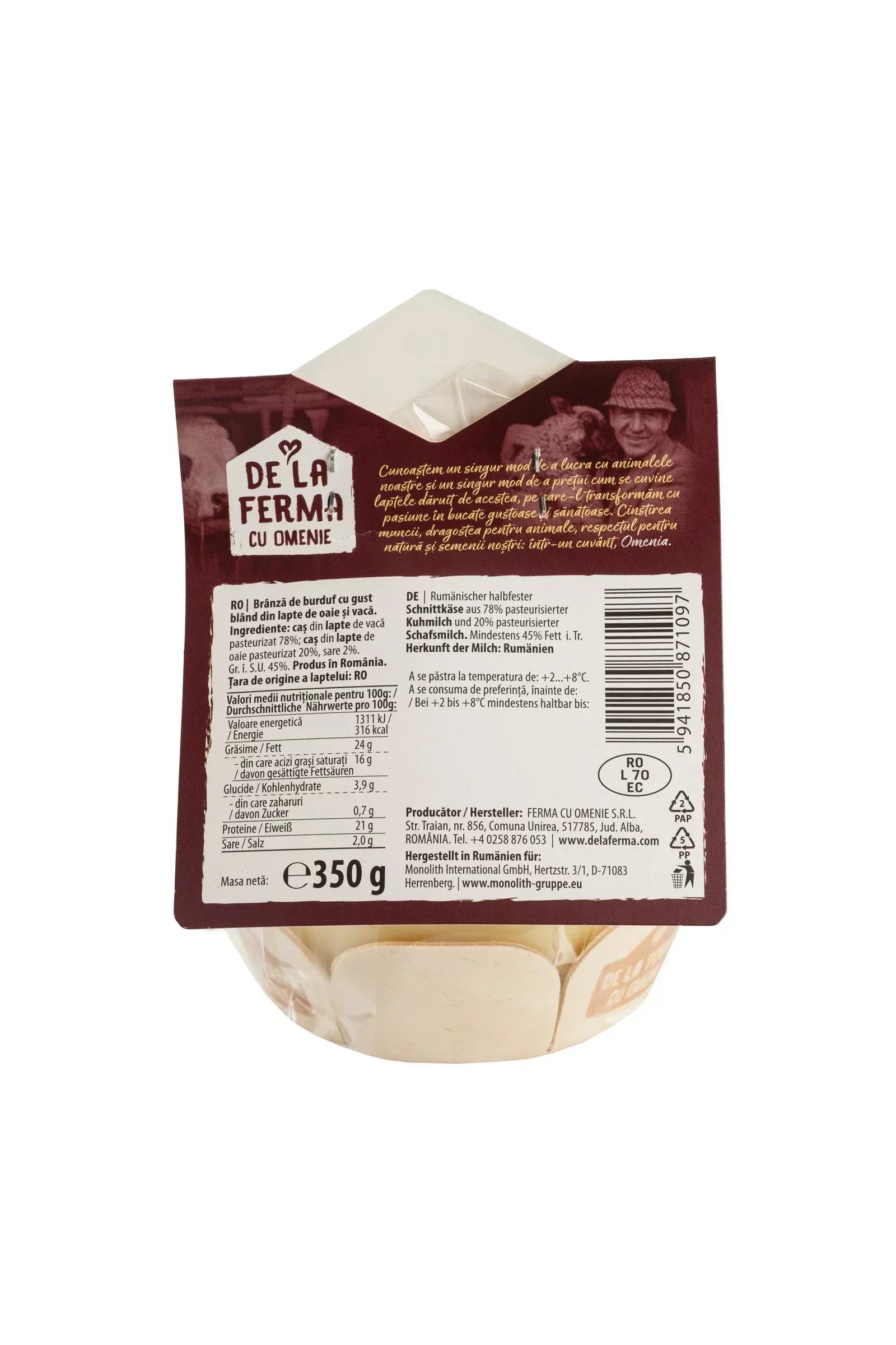 De La FERMA -  BRANZA DE BURDUF - Kneaded Cheese with Mild Taste - 350g