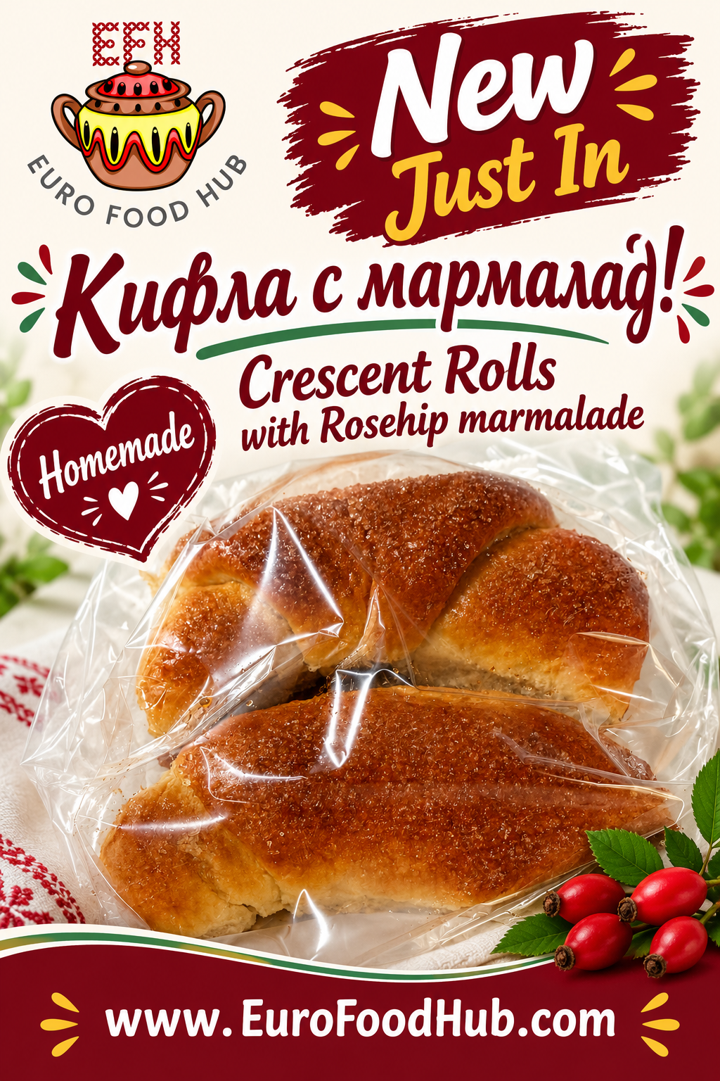 Bulgarian CRESCENT ROLLS with ROSEHIP MARMALADE - KIFLA - 2pcs