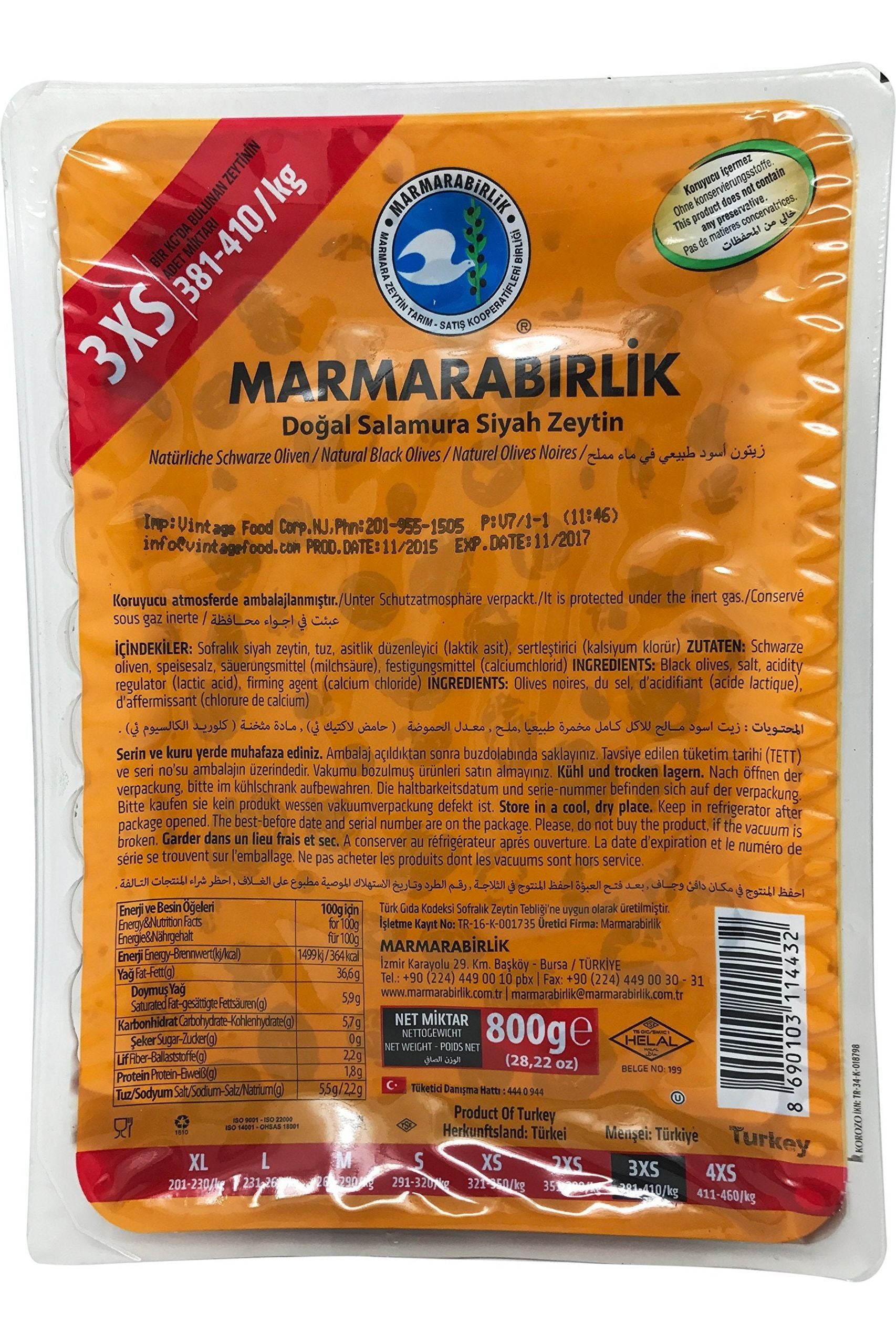 Marmarabirlik Natural Black Olives - 3XS - 500g