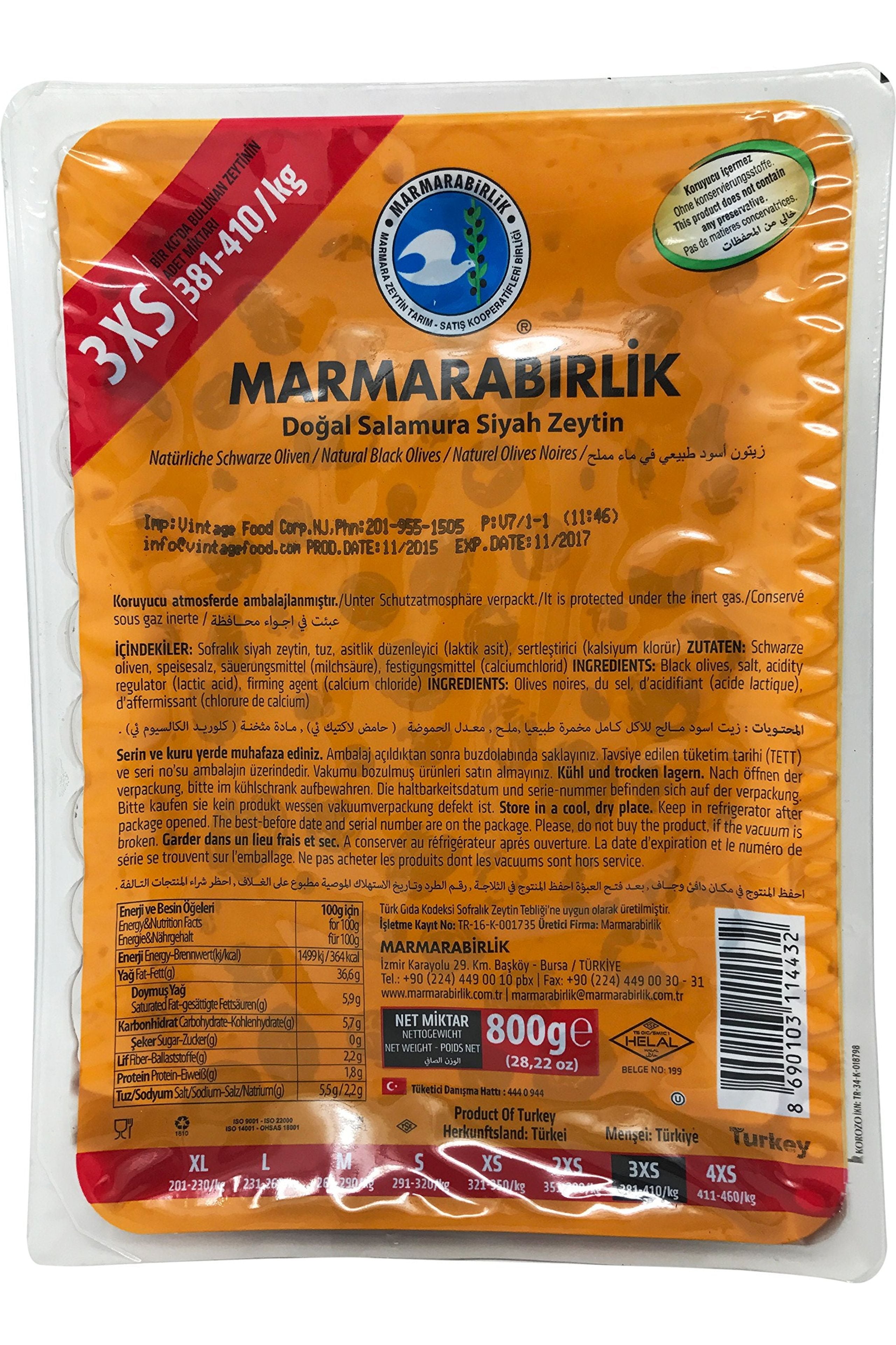 Marmarabirlik Natural Black Olives - 3XS - 500g