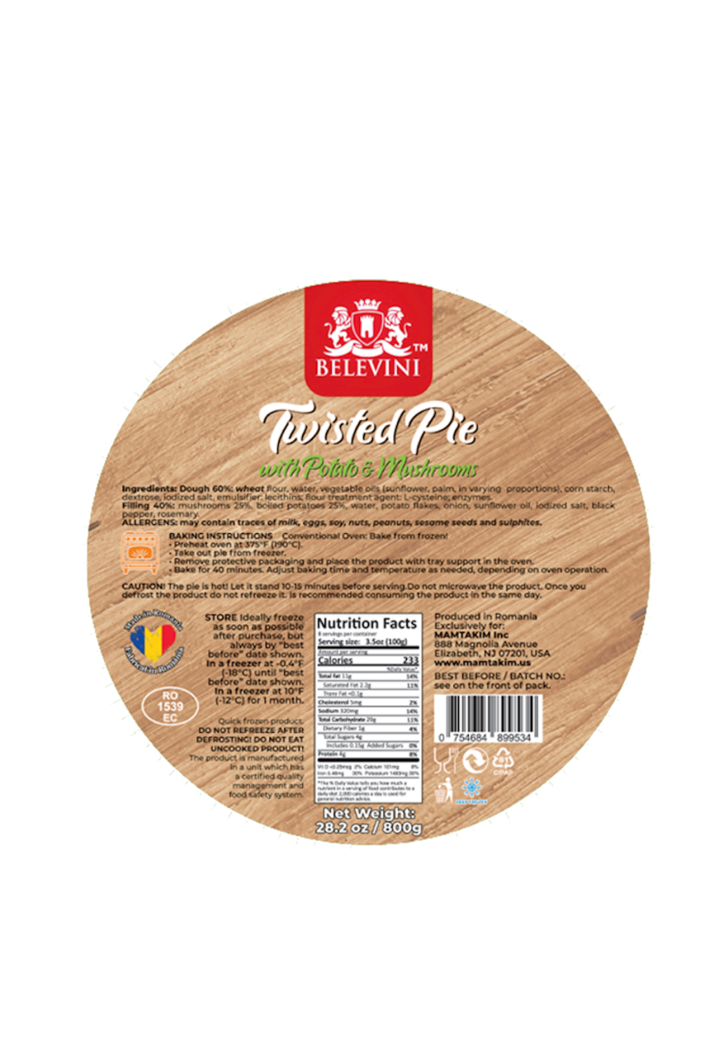 BELEVINI - Traditional Swirl Pie with POTATO & MUSHROOMS - 800g