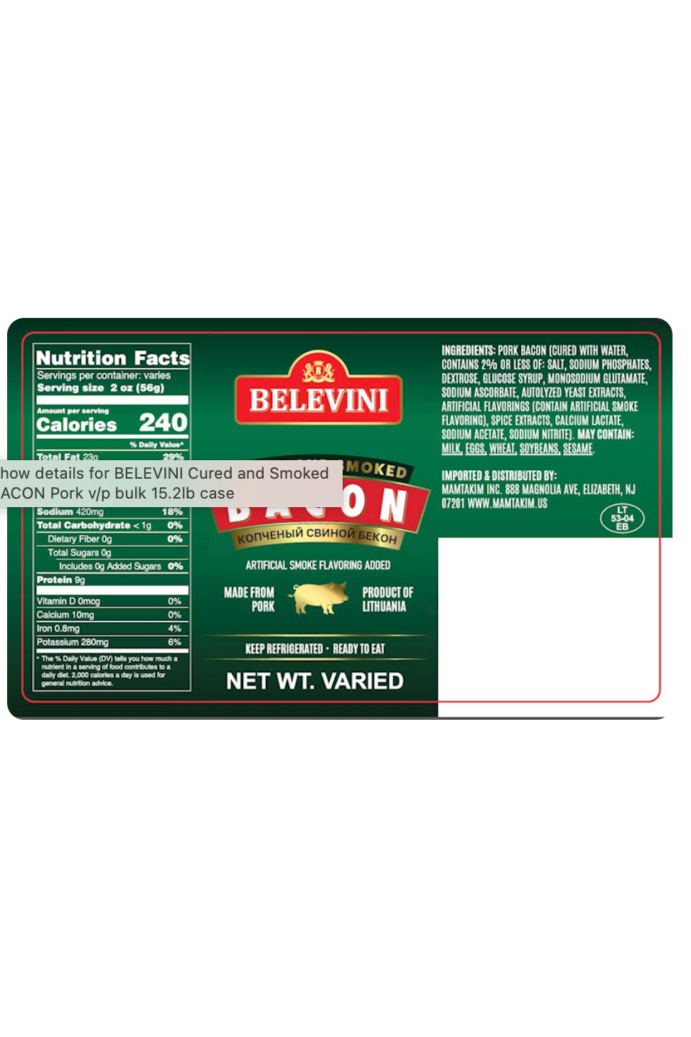 BELEVINI Cured & Smoked Pork BACON - 1lb